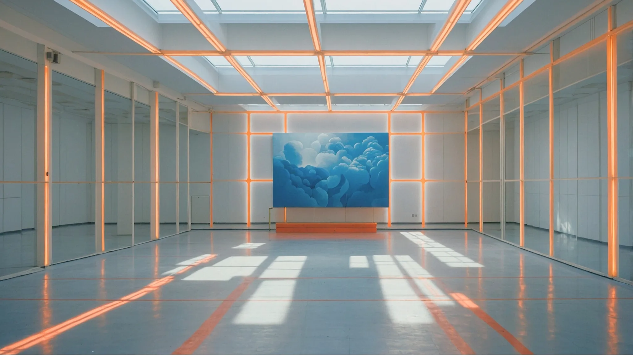 Managed Network Services - IT-Systemhaus Lichtdurchfluteter Raum mit stilisierter Wolkenmalerei und strukturierter Beleuchtung als Metapher für IT-Systemhaus, vernetzte IT-Infrastruktur und effizientes Netzwerkmanagement