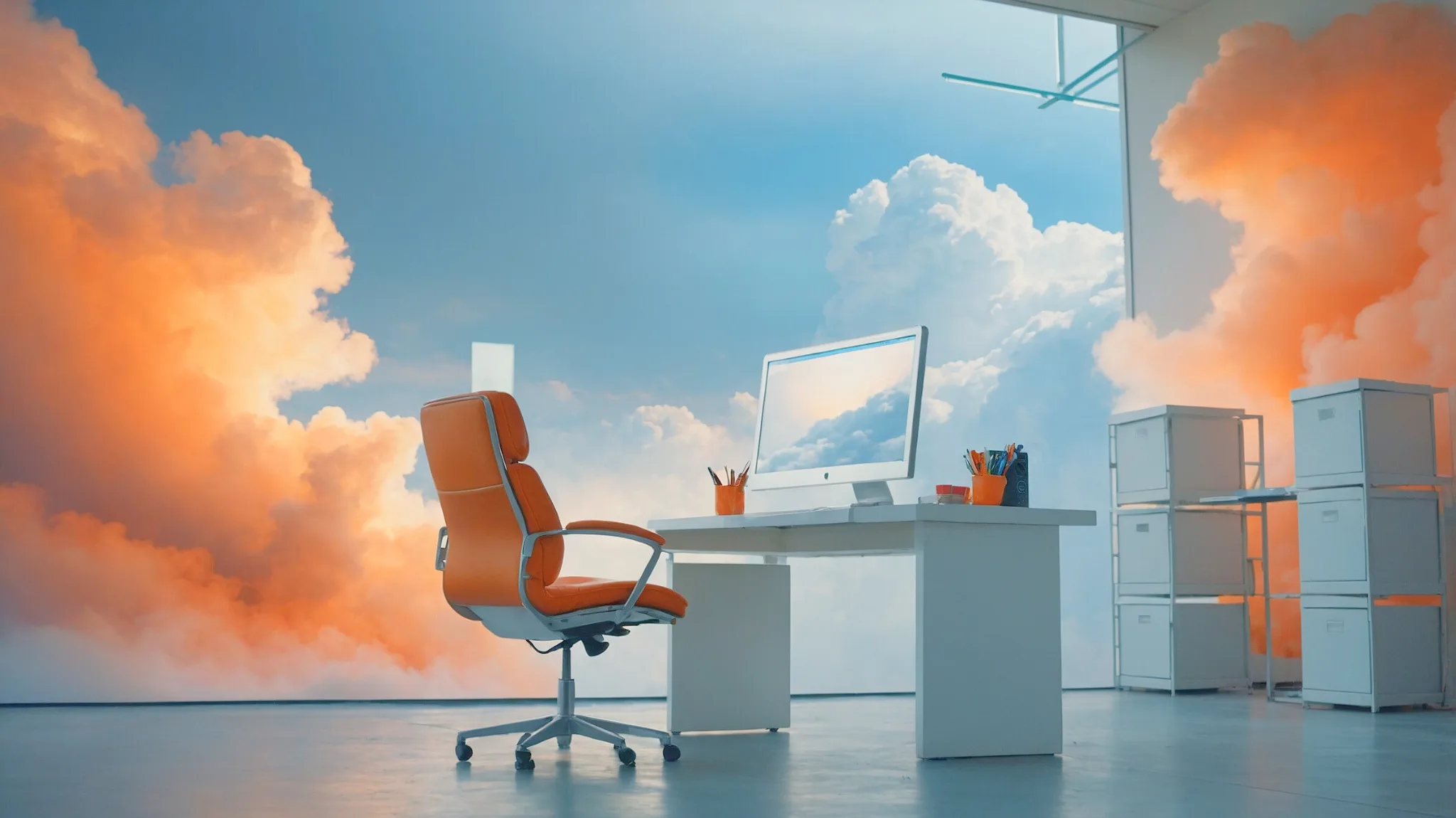 Managed Workplace Services - Moderner Arbeitsplatz, IT-Systemhaus Minimalistischer Schreibtisch mit Computer und orangefarbenem Bürostuhl vor wolkenartigem Hintergrund als Sinnbild für flexible Managed Workplace IT-Systemhaus