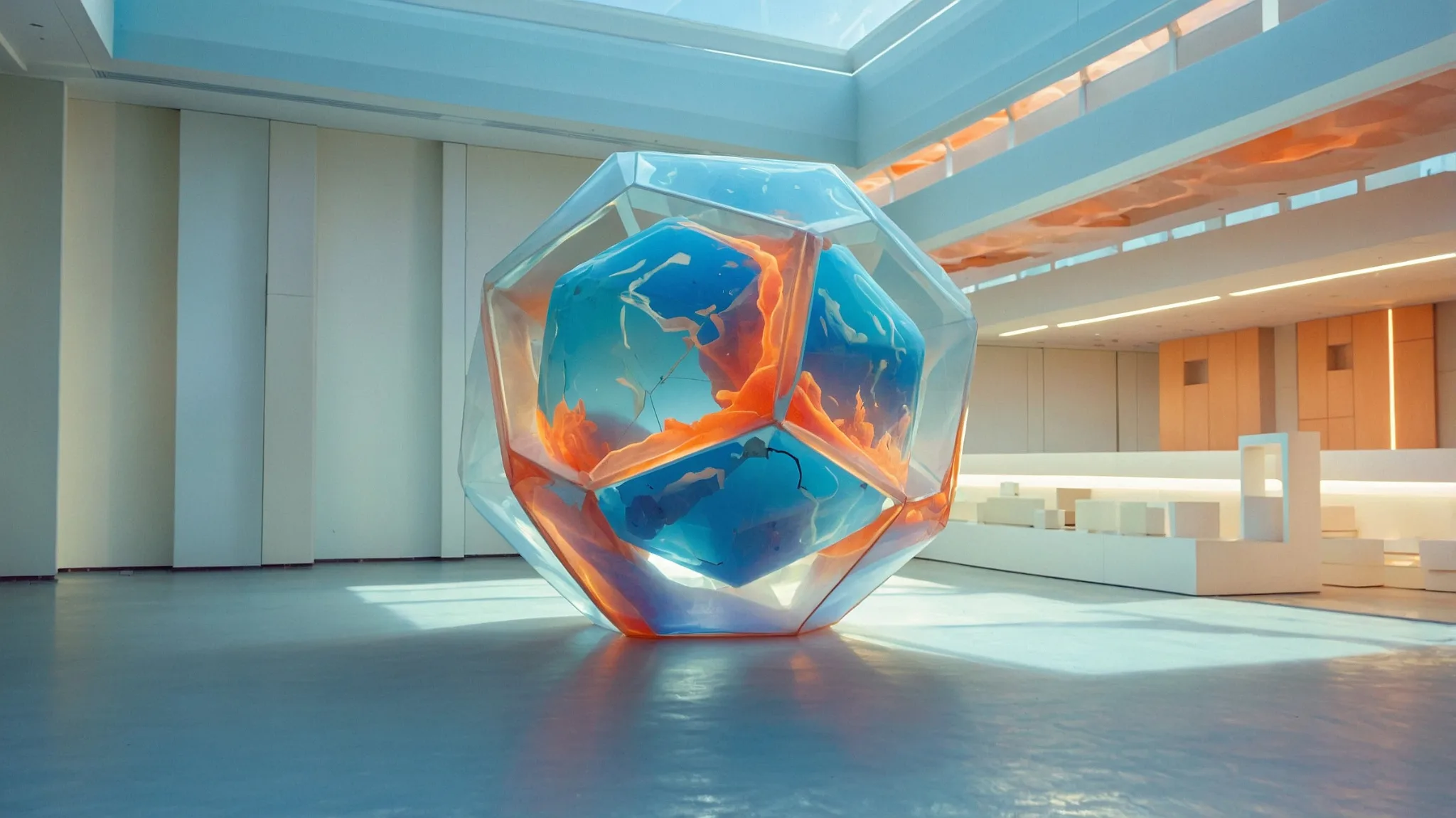 IT-Sicherheit und Managed Security für den Mittelstand – Symbolische Darstellung digitaler Bedrohungsabwehr Futuristische Skulptur in Blau-Orange mit polygonaler Form in lichtdurchflutetem Raum, symbolisiert komplexe IT-Sicherheit und ganzheitlichen Schutz für Unternehmen im digitalen Zeitalter