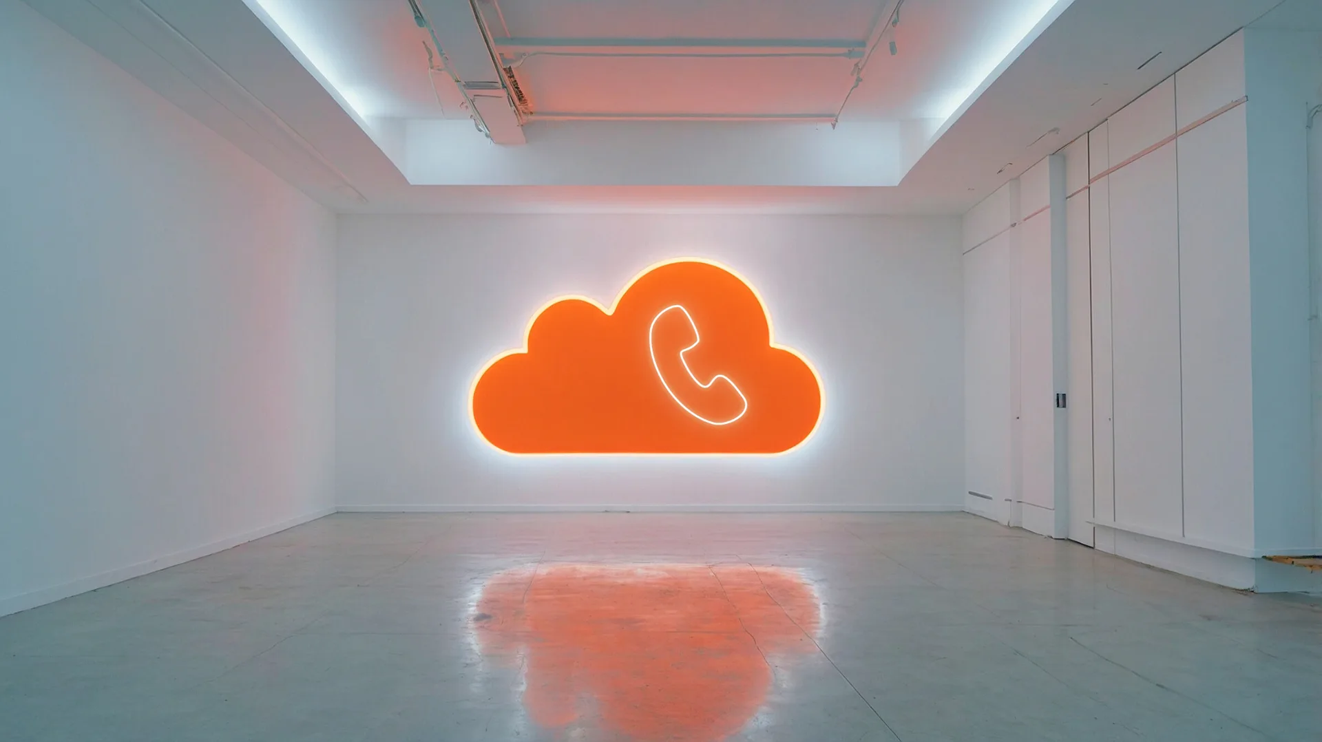 Managed Cloud-Telefonanlage – Visuelle Darstellung moderner Business-Kommunikation Orangefarbene Cloud mit Telefon-Icon in lichtdurchflutetem Raum als Symbol für Managed Cloud Telefonanlage und IT-Systemhaus