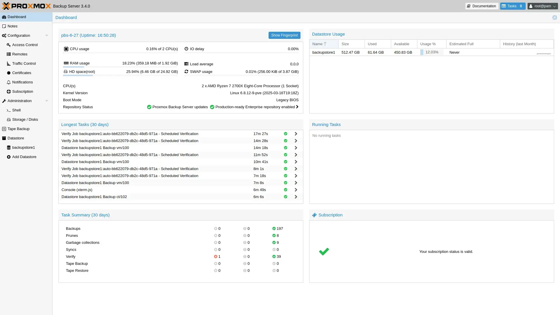 Proxmox Backup Server Dashboard – Zentrale Verwaltung von Backup-Jobs und Speicherressourcen Benutzeroberfläche des Proxmox Backup Server Dashboards mit Übersicht zu Backup-Zeitplänen, Speicherstatus und Systemaktivitäten für virtuelle Umgebungen