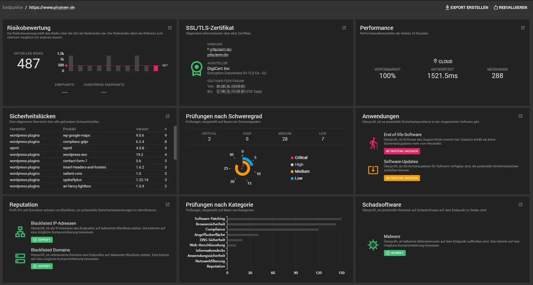 Enginsight Endpunkt-Dashboard – Sicherheitsüberwachung einzelner Geräte und Systeme Dashboard-Ansicht in Enginsight zur Überwachung von Endpunkten mit Informationen zu Gerätestatus, Bedrohungen und Sicherheitsereignissen