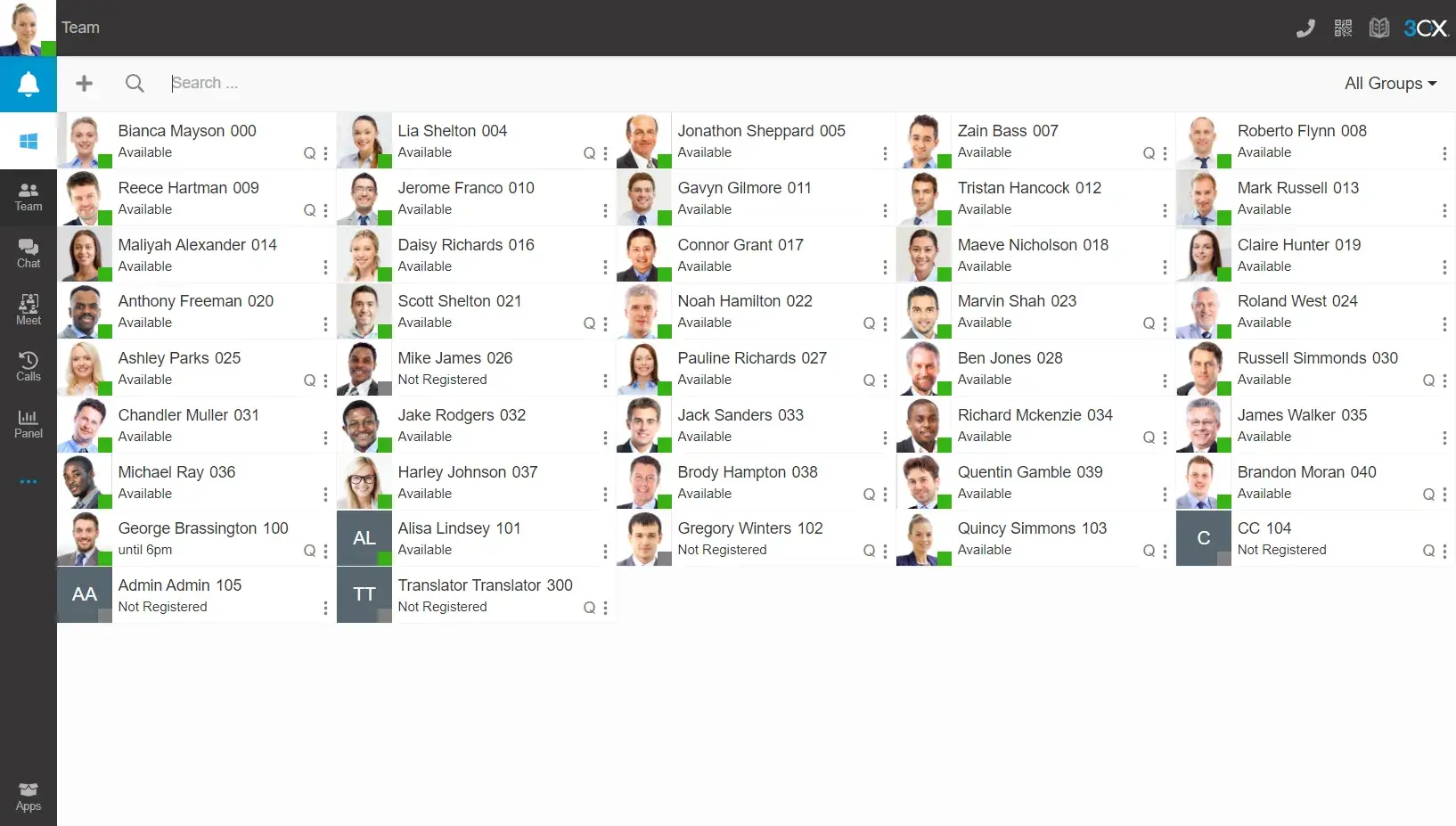 3CX Teamübersicht – Benutzerstatus und Erreichbarkeit im Blick Darstellung der 3CX Teamübersicht mit Informationen zu Benutzerstatus, Nebenstellen und Verfügbarkeit für effiziente Teamkommunikation