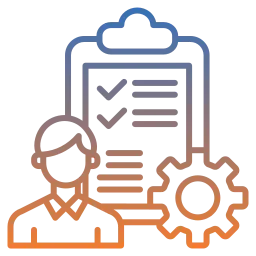 Icon für IT-Services mit Person, Zahnrad und Checkliste, symbolisiert technischen Support, IT-Analyse und strategische IT-Beratung für Unternehmen