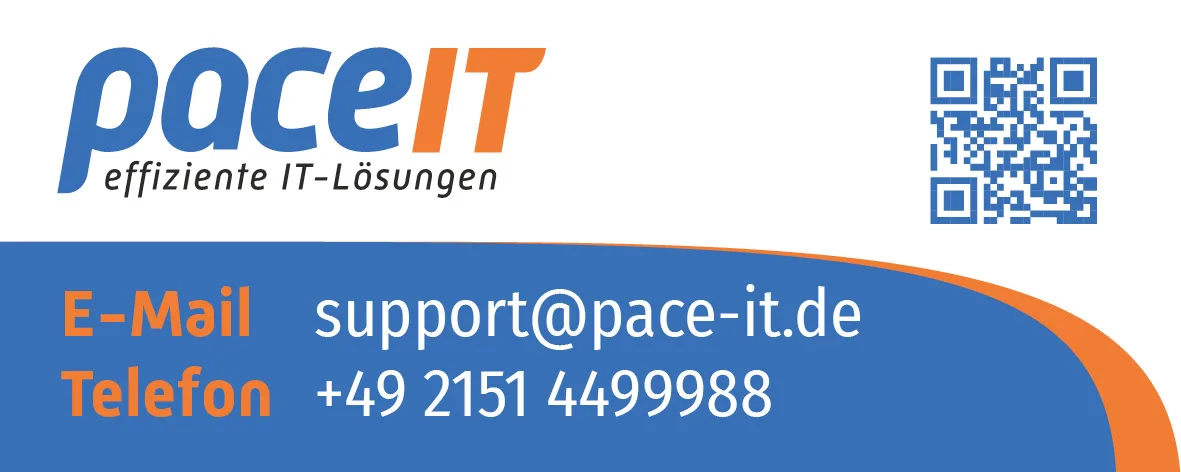 Kontaktkarte von pace-IT mit E-Mail-Adresse, Telefonnummer und QR-Code für technischen Support