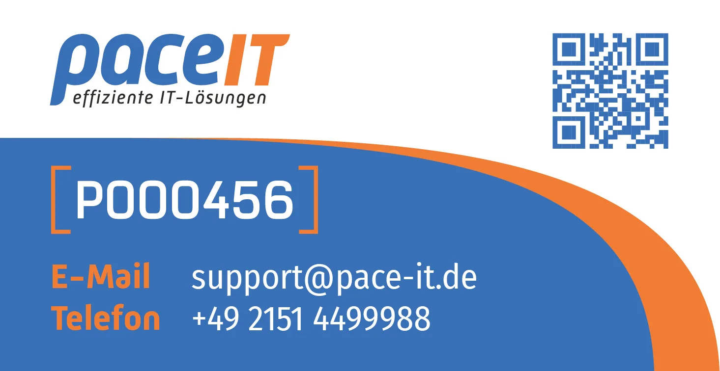 Support-Kontaktkarte von pace-IT mit Ticketnummer P000456, E-Mail, Telefonnummer und QR-Code für IT-Support