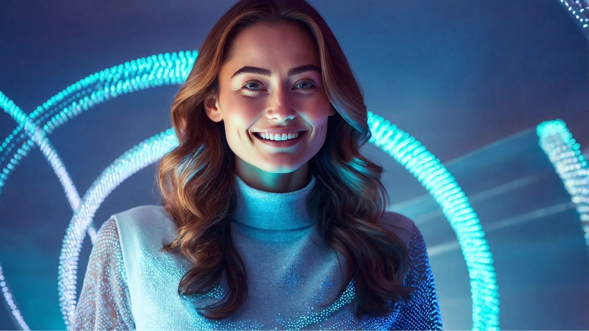 Frau mit futuristischer Beleuchtung als Symbol für moderne IT-Innovationen und strategische Digitalisierung im Mittelstand - pace-IT unsere DNA