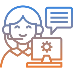 Icon mit Frau am Computer mit Headset und Sprechblase als Symbol für professionellen IT-Support, persönliche Betreuung und schnelle Problemlösung durch geschultes Fachpersonal