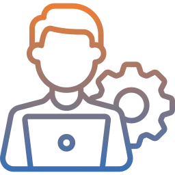 Symbolisches Icon mit Mann vor Laptop und Zahnrad im Hintergrund als Darstellung für volle Kontrolle über Datensicherung, Wiederherstellungsprozesse und individuelle Backup-Einstellungen