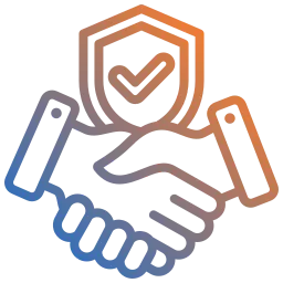 Symbolisches Icon mit Händeschütteln vor einem Schild mit Haken als Darstellung für Zuverlässigkeit, Sicherheit und vertrauensvolle IT-Partnerschaft