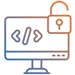 Symbolisches Icon mit Computerbildschirm, offenem Schloss und Code-Symbol als Darstellung für Open-Source-Software und frei anpassbare IT-Lösungen